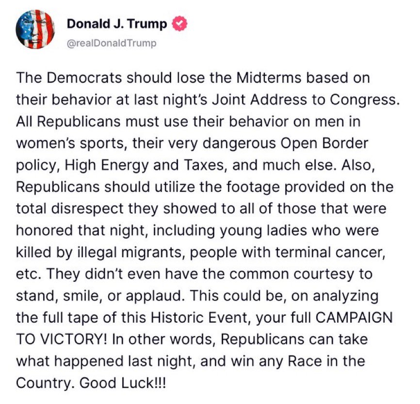 🚨NEW: Trump has a call to action for Republicans. “Use the Democrats bad behavior to your advantage! Show the world that disrespect isn’t the way to win an election. Here’s your talking points going into the midterms!”