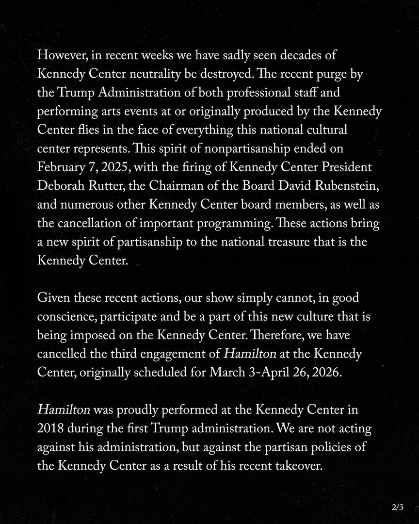 PopCrave's tweet photo. “The recent purge by the Trump Administration of both professional staff and performing arts events at or originally produced by the Kennedy Center flies in the face of everything this national cultural center represents.” https://t.co/WSI8Zwhuir
