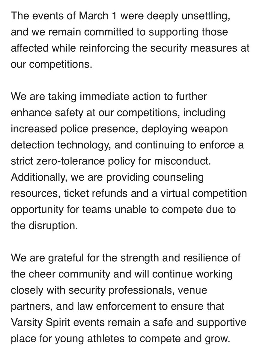 Amelia Jones (@ameliajonestv) on Twitter photo NCA DALLAS INCIDENT UPDATE - <a href="/VarsitySpirit/">Varsity Spirit</a> just sent an email sharing that in light of the events last Saturday moving forward there will be increased police presence, weapon detection technology and “continuing to enforce a strict zero-tolerance policy for misconduct.”
The NCA DALLAS INCIDENT UPDATE - <a href="/VarsitySpirit/">Varsity Spirit</a> just sent an email sharing that in light of the events last Saturday moving forward there will be increased police presence, weapon detection technology and “continuing to enforce a strict zero-tolerance policy for misconduct.”
The