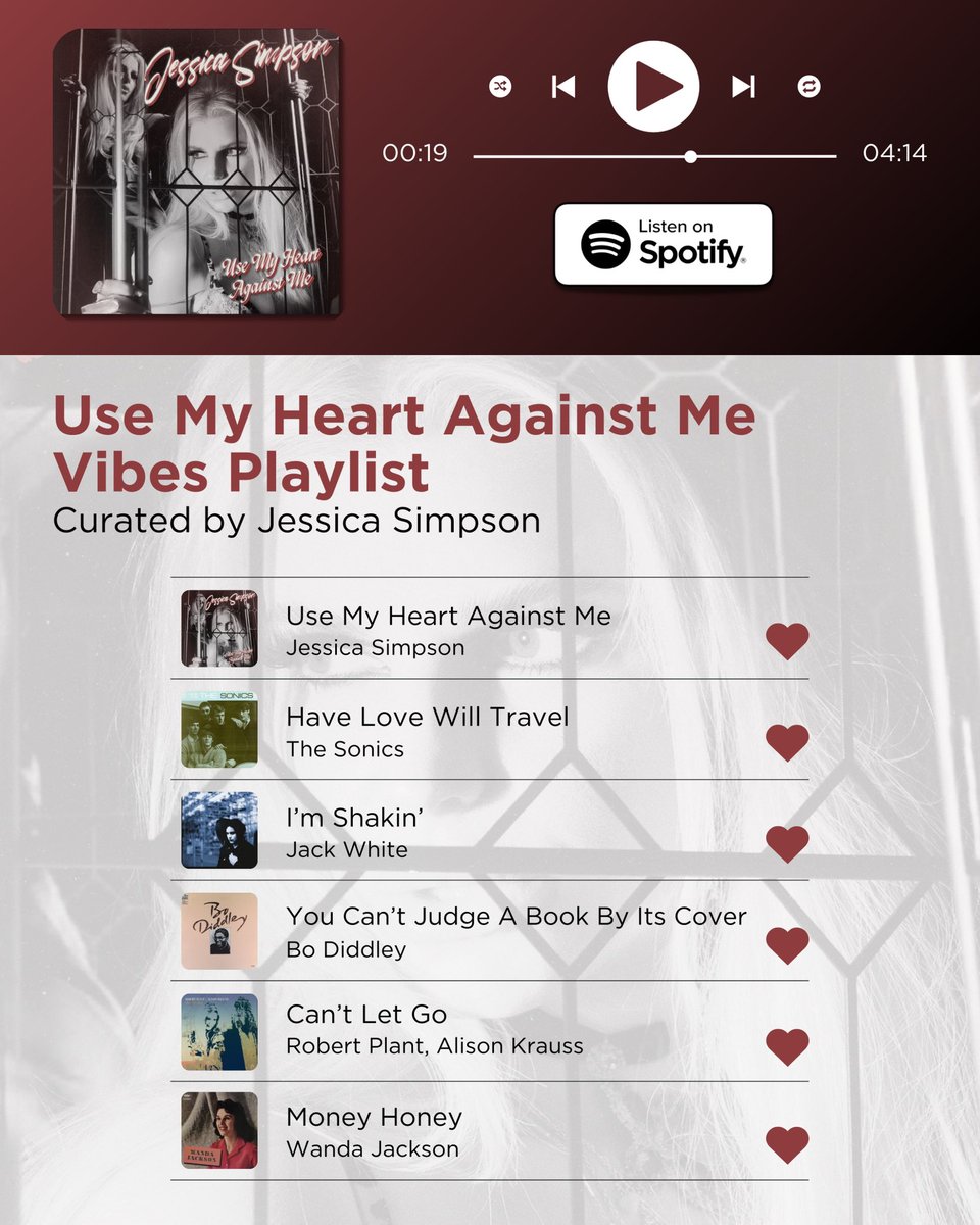 JessicaSimpson's tweet image. These tracks were instrumental in expandin’ my sound for “Use My Heart Against Me” and you can listen to them now on my Use My Heart Against Me Vibes Playlist on Spotify! 🎶

#NashvilleCanyon #UseMyHeartAgainstMe #Spotify