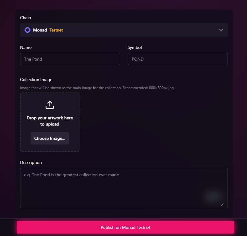 Crypto_Pranjal's tweet photo. Monad Update: Publish Your NFT on Monad Testnet! 🔥

Publish your NFT on the Monad Testnet using Magic Eden.

✅ Publish here: https://t.co/mW04RGkz5b

Select Monad testnet > Fill all info > Publish

By doing so, you will deploy a contract on Monad Testnet. Once published, share it with your friends to mint—more mints add value to your contract!

I just deployed mine—you can mint for free if you’d like.

🎨 Mint here: https://t.co/VxaUX0YwKH

Drop your NFT link in the replies below!