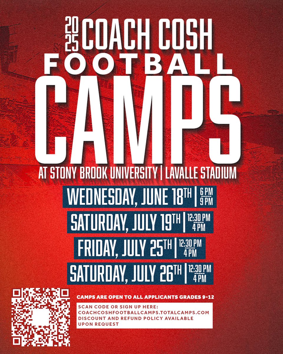 Stony Brook Football (@stonybrookfb) on Twitter photo 2025 Coach Cosh Football Camps βΊοΈ
Sign up now to join us this summer for our camps at LaValle Stadium!
π bit.ly/4h4rqiM
ππΊ x #As1 x <a href="/CoachBCosh/">Billy Cosh</a> 2025 Coach Cosh Football Camps βΊοΈ
Sign up now to join us this summer for our camps at LaValle Stadium!
π bit.ly/4h4rqiM
ππΊ x #As1 x <a href="/CoachBCosh/">Billy Cosh</a>