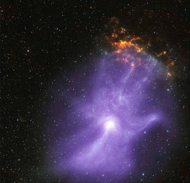 Here is the Hand of God, also known as the pulsar wind nebula MSH 15-52.

The nebula consists of matter that was thrown off by a dying star that exploded as a supernova about 1,700 years ago. The responsibility for such an unusual shape of the nebula lies with a small, no more
