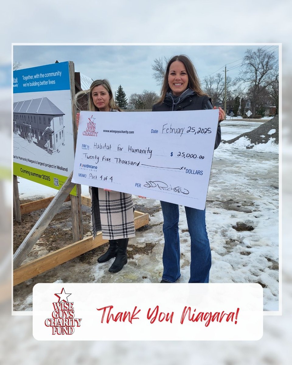 The Wise Guys Charity Fund is proud to present a fourth installment grant cheque for $25,000 to Habitat for Humanity for a total of $100,000 towards new home builds in Niagara!

#WiseGuysCharityFund #EmpoweringCommunities #HabitatforHumanity #GrantCheque #GivingBack