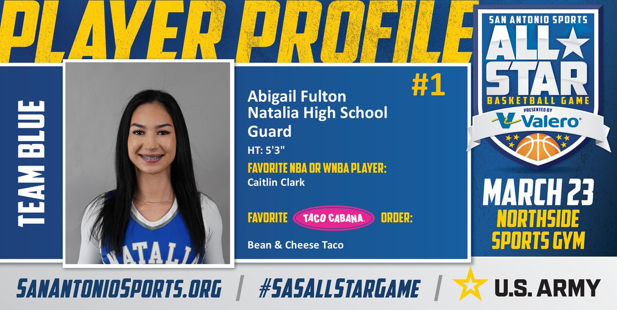 Meet <a href="/april_abigail/">April Abigail Lara</a> from <a href="/Natalia_High/">Natalia High School</a> who will compete in the San Antonio Sports All-Star Basketball game pres. by <a href="/ValeroEnergy/">Valero</a> at the Northside Sports Gym on March 23rd! #SASAllStarGame #BeAllYouCanBe <a href="/TacoCabana/">Taco Cabana</a> <a href="/ArmySanAntonio/">GoArmy San Antonio</a> <a href="/CaitlinClark22/">Caitlin Clark</a>

<a href="/NataliaSports/">Natalia Athletics</a>
<a href="/HoopsMustang/">LadyMustangHoops</a>