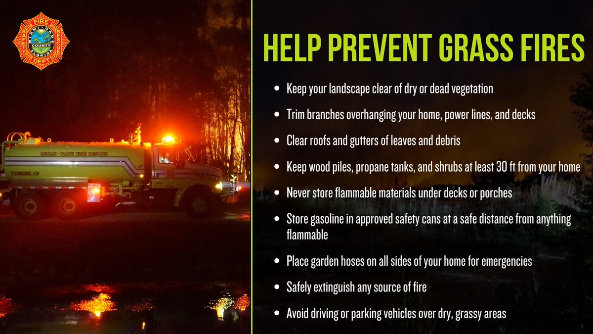 .<a href="/NWSMiami/">NWS Miami</a> has issued a Fire Weather Watch for #OurCounty from today until tomorrow evening, due to low humidity and windy conditions that increase the risk of grass fires.

Stay #FireSafe by following these #MDFR tips and help prevent wildfires in our community.