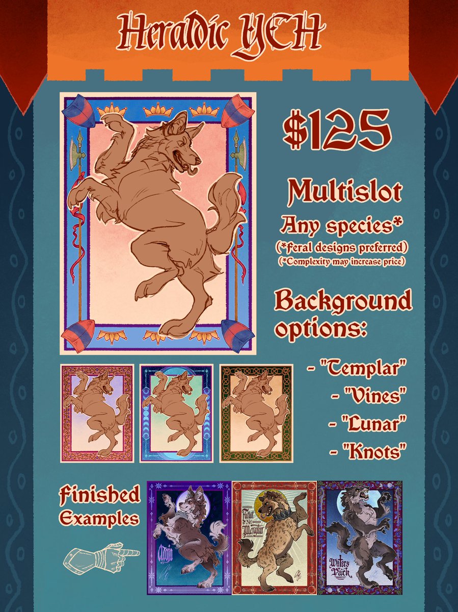 📯 HEAR YE HEAR YE, HERE A YCH BE! 📯

Behold, a heraldic YCH! Multislot, multi backgrounds, you name it!

To order, dm me with a ref &amp; which bg you’d like! No set amount of slots yet!

Rts appreciated, spread your banners ‘cross the land! ✨