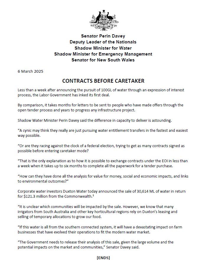 Senator Perin Davey (@perindavey) on Twitter photo Less than a week after seeking 100GL via expression of interest, Labor secured its first deal. In contrast, open tender offers take months to notify, and infrastructure projects take years. I find the difference in delivery capacity astounding. More: shorturl.at/CHQvd Less than a week after seeking 100GL via expression of interest, Labor secured its first deal. In contrast, open tender offers take months to notify, and infrastructure projects take years. I find the difference in delivery capacity astounding. More: shorturl.at/CHQvd