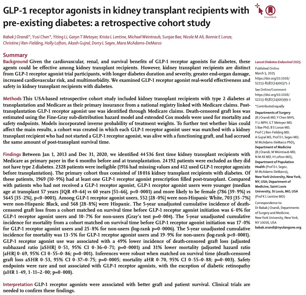 Kidney transplant recipients receiving GLP-1 RA had a 49% lower incidence of death-censored graft loss and 31% lower mortality than those not receiving GLP-1 RA 🤯

Proud to be a co-author on this real-world retrospective cohort study of 18,106 kidney transplant recipients with