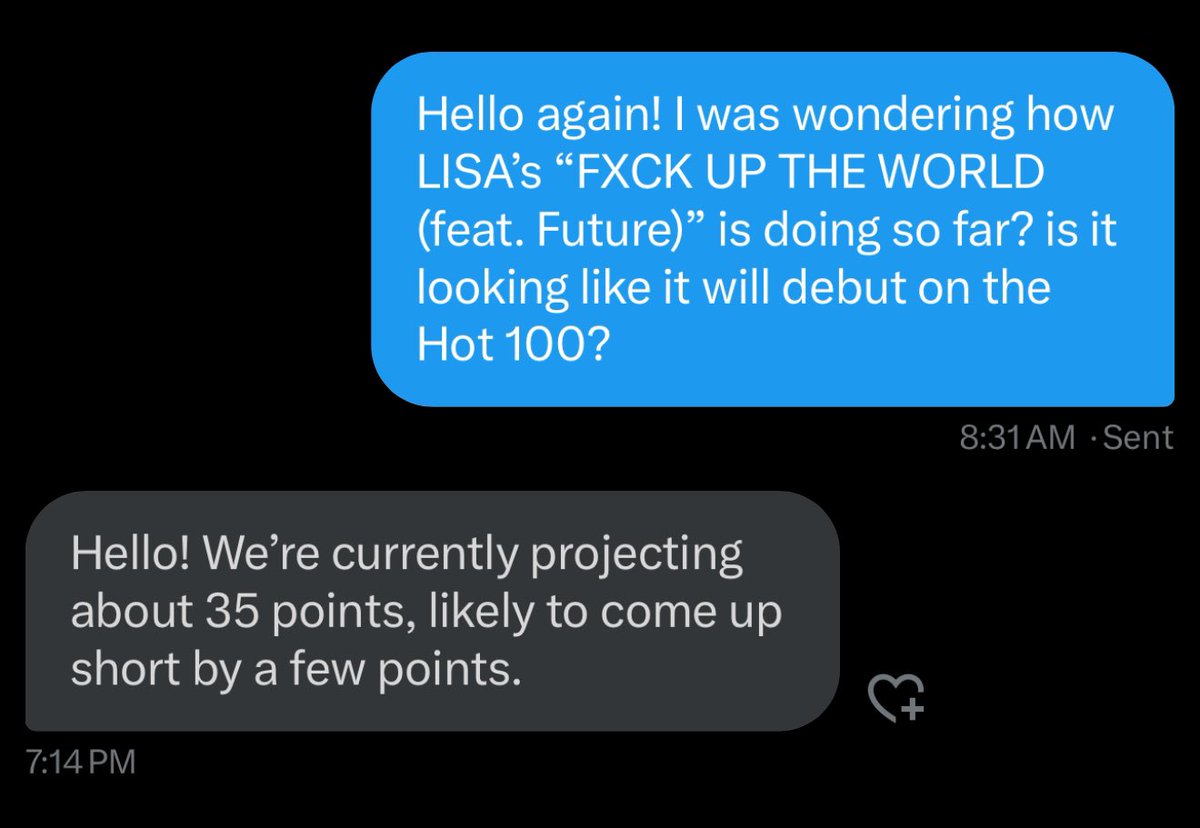 BLINKSTATS's tweet image. Based on current projections, #LISA’s “FXCK UP THE WORLD” is currently predicted to MISS the Billboard Hot 100!

Go buy #LISAxFUTW digitally and keep streaming! There is at least 5 versions you can purchase so BUY ALL OF THEM on iTunes, Amazon, 7Digital and Qobuz!