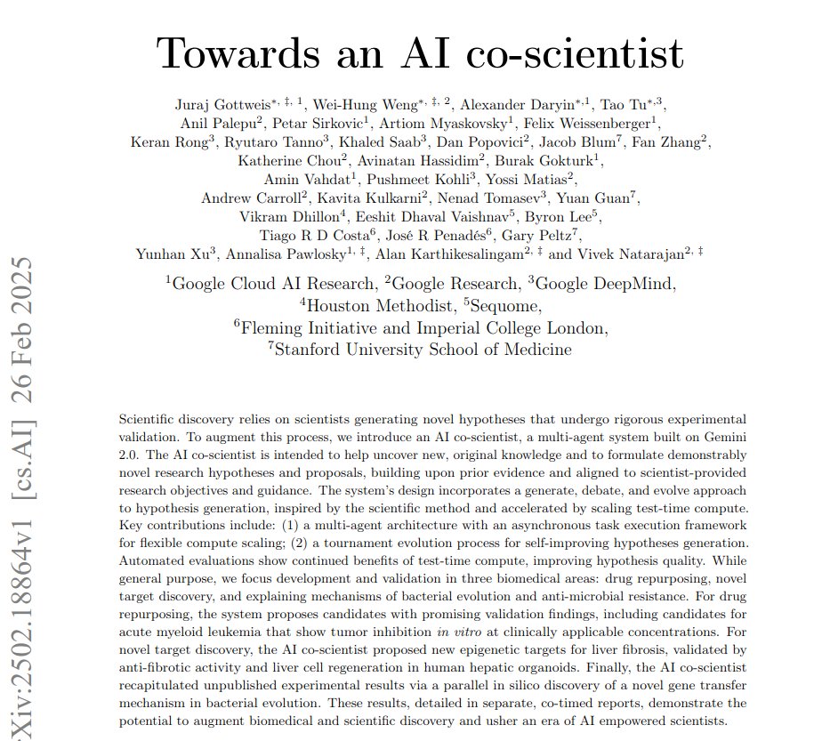 This paper introduces the AI co-scientist. It's a multi-agent system designed to aid scientists in generating novel hypotheses and planning experiments.

→ The AI co-scientist uses specialized agents for different tasks.

→ These agents include Generation, Reflection, and