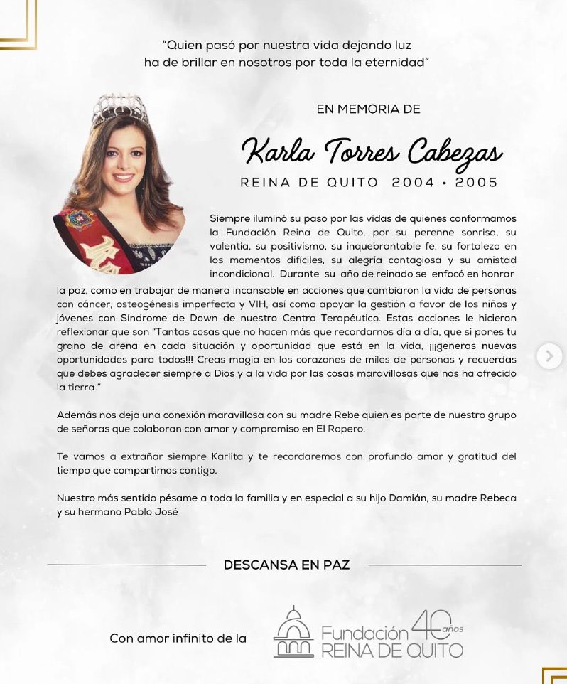 Hemos pedido al Concejo Metropolitano que resuelva la entrega póstuma de la condecoración "Manuela Cañizares" a Karla Torres, quien nos dejó ayer a sus 42 años tras luchar contra el cáncer. Dedicó parte de su vida al cuidado de niños cáncer, VIH y Síndrome de Down. Tuve el honor