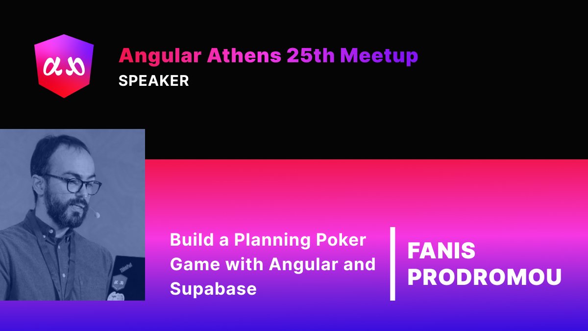 AngularAthens (@athensangular) on Twitter photo 🎤 Speaker Highlight: <a href="/prodromouf/">Fanis Prodromou</a>
Topic: "Build a Planning Poker Game with Angular & Supabase."
Join us at the 25th Angular Athens Meetup.
🗓️ March 11th, 19:00 EET
📍 Impact Hub Athens
🔗meetup.com/angular-athens…
#angularathens #meetup #angular 🎤 Speaker Highlight: <a href="/prodromouf/">Fanis Prodromou</a>
Topic: "Build a Planning Poker Game with Angular & Supabase."
Join us at the 25th Angular Athens Meetup.
🗓️ March 11th, 19:00 EET
📍 Impact Hub Athens
🔗meetup.com/angular-athens…
#angularathens #meetup #angular