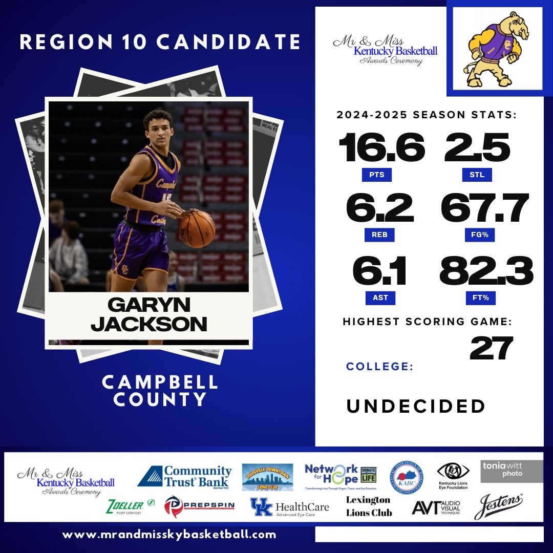 We're officially counting down the days until the 2025 Mr. &amp; Miss KY Basketball Awards Ceremony on March 16th! Today we're 10 days away, so we'll begin the countdown starting with Region 10 and Garyn Jackson from Campbell County

Follow along each day.