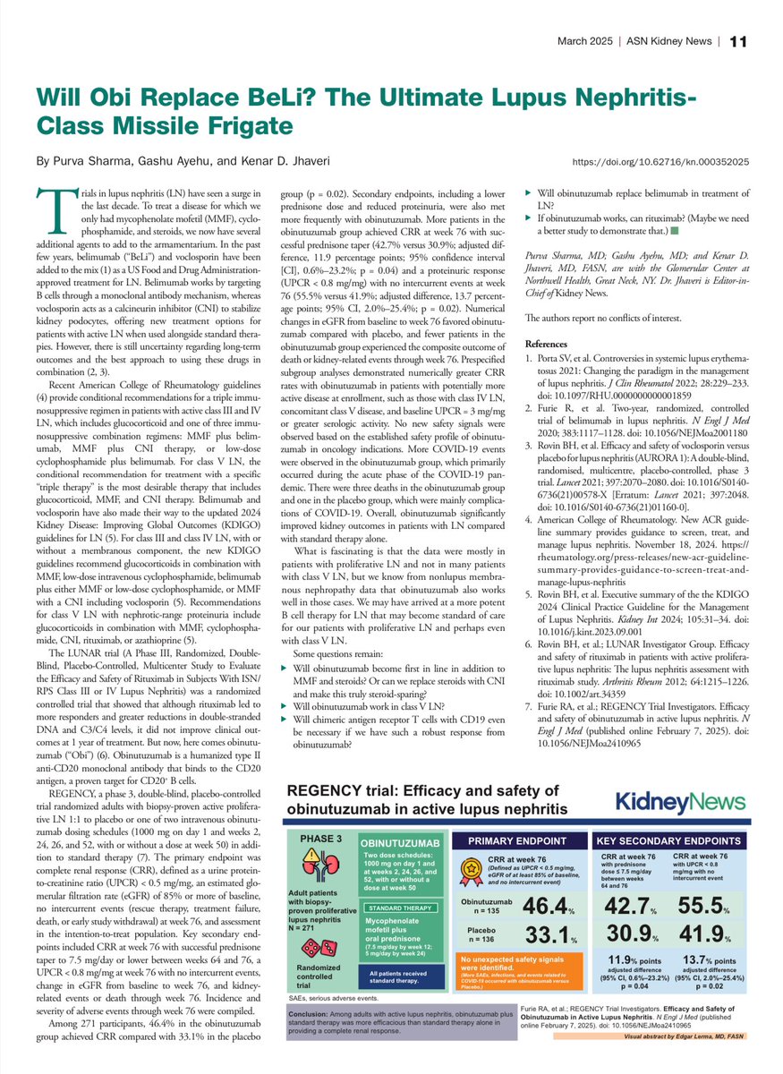 REGENCY: Efficacy and Safety of Obinutuzumab in Active Lupus Nephritis ca. 2025 from <a href="/NEJM/">NEJM</a> <a href="/KidneyNews/">ASN Kidney News</a> <a href="/kdjhaveri/">Kenar Jhaveri</a> 
#Nephpearls 

👉🏼 pubmed.ncbi.nlm.nih.gov/39927615/
👉🏼 asn-online.org/publications/k…