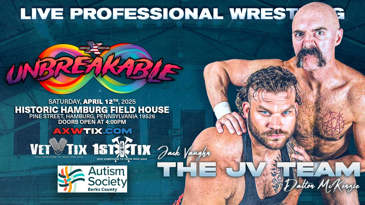 ♾ UNBREAKABLE!: AUTISM ACCEPTANCE ♾

<a href="/Official_AXW/">American Xcellence Wrestling | AXW</a> returns to the HISTORIC Hamburg Field House - Pine Street, Hamburg, Pennsylvania 19526 - on Saturday, April 12th, with <a href="/Official_AXW/">American Xcellence Wrestling | AXW</a> Presents UNBREAKABLE!

April is World Autism Month! Every April, we come together to support