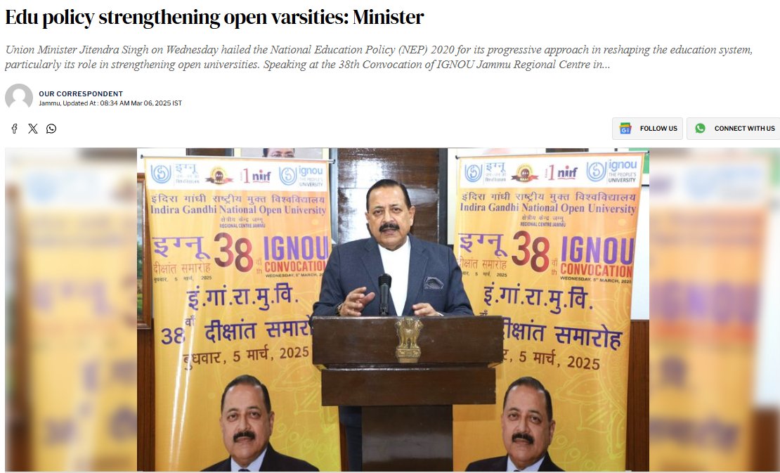 DrJitendraSingh's tweet image. The Tribune: Edu policy strengthening open varsities
#IGNOU #Jammu

Read:
tribuneindia.com/news/j-k/edu-p…