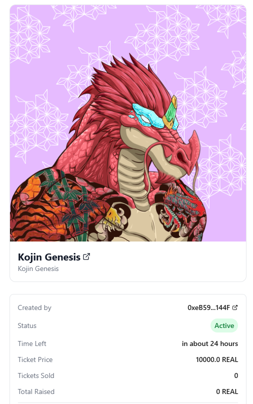 🐉 Rare Kogin Raffle Live! 🐉

Just listed my @kogin_ai NFT featuring ultra rare Hiryu Eyes (1.9%) and the highly sought after Yakuza body (14.4%) making this one of the rarest Kogins out there! 🔥

Only 10K $REAL per ticket, and this raffle runs for just 24, hours don’t miss