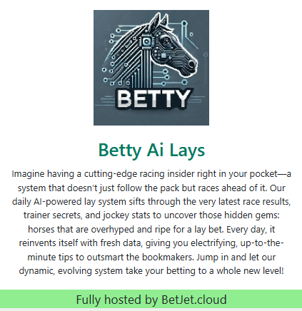 BetJetCloud's tweet photo. https://t.co/MuEGuqRx8C Welcomes our latest tipster join and lead our leaderboard - 

BETTY AI LAYS - you can see their profit graph on laying horse racing and join here 
👉https://t.co/D8a52B3rL1 https://t.co/mss0Z2nCfv