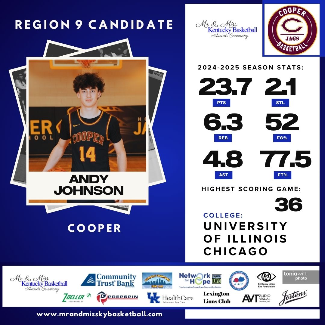 We're officially counting down the days until the 2025 Mr. &amp; Miss KY Basketball Awards Ceremony on March 16th! Today we're 9 days away, so we'll begin the countdown starting with Region 9 and Andy Johnson from Cooper

Follow along each day.