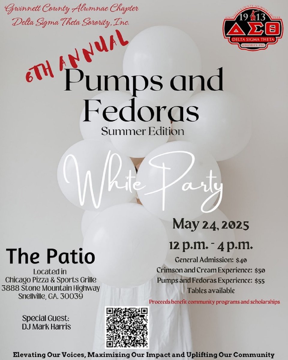 Join Gwinnett County Alumnae Chapter of Delta Sigma Theta Sorority Inc. for the Pumps &amp; Fedoras Summer Edition White Party on May 24, 2025.

Tickets:eventbrite.com/e/pumps-and-fe…