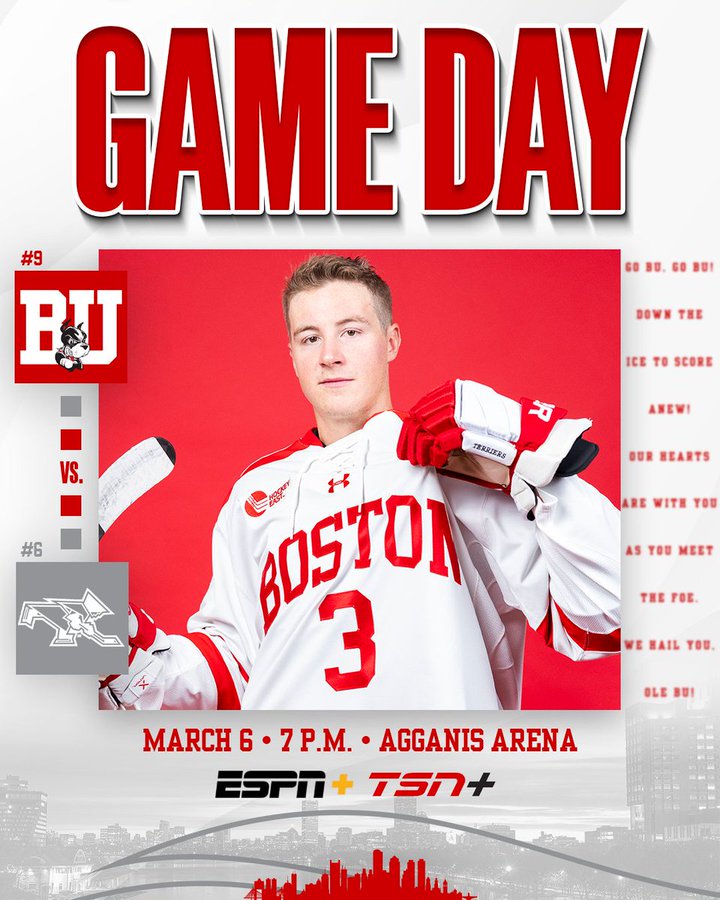 Game day graphic featuring posed photo of Tristan Amonte. #9 BU vs. #6 Providence, March 6, 7 PM at Agganis Arena on ESPN+ and TSN+