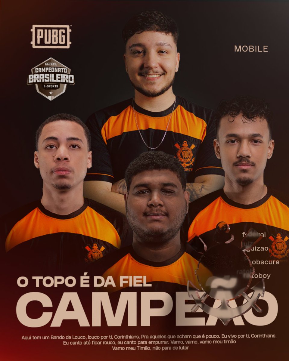 O Brasileirão É DO TIMÃO! 🏆
PODE COMEMORAR, o nosso primeiro título no PUBG Mobile com <a href="/guihca_/">Guilherme</a> <a href="/RATinhoshauwuwh/">Ratoboy</a> <a href="/Obscurepubgm/">Lucas</a> <a href="/Federalszz/">FederaL</a> veio aí. 

AQUI É CORINTHIANS! GAVIÃO VOA ALTO.
