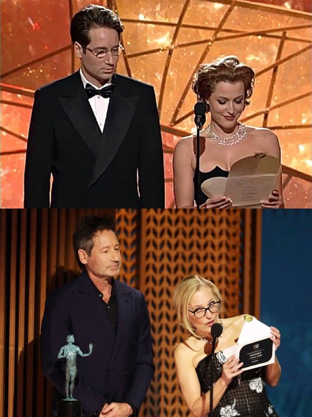 Parallels: David and Gillian at awards ceremonies 27 years apart.
Top frame - Golden Globe Awards (1998);
Bottom frame - Screen Actors Guild Awards (2025)