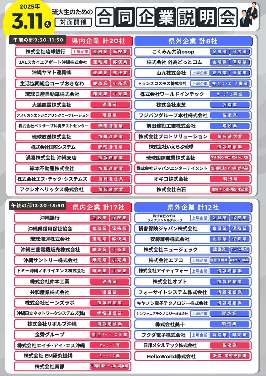 ryukyus_career's tweet photo. ◤琉大生のための合同企業説明会◢

▸全学年対象

出展企業は、 ⳹ 全57社🏢 ⳼

˗ˏˋ 豪華参加特典あり🎁 ˎˊ˗ ⁡

▸琉大生に関心のある企業が学内に集結

*───────*
日程￤3/11(火) 09:30-15:50
場所￤全保連ステーション(大学会館)3F
詳細＆申込 ￤https://t.co/UdwArjkPxA
*───────* https://t.co/iExiqaeg7t