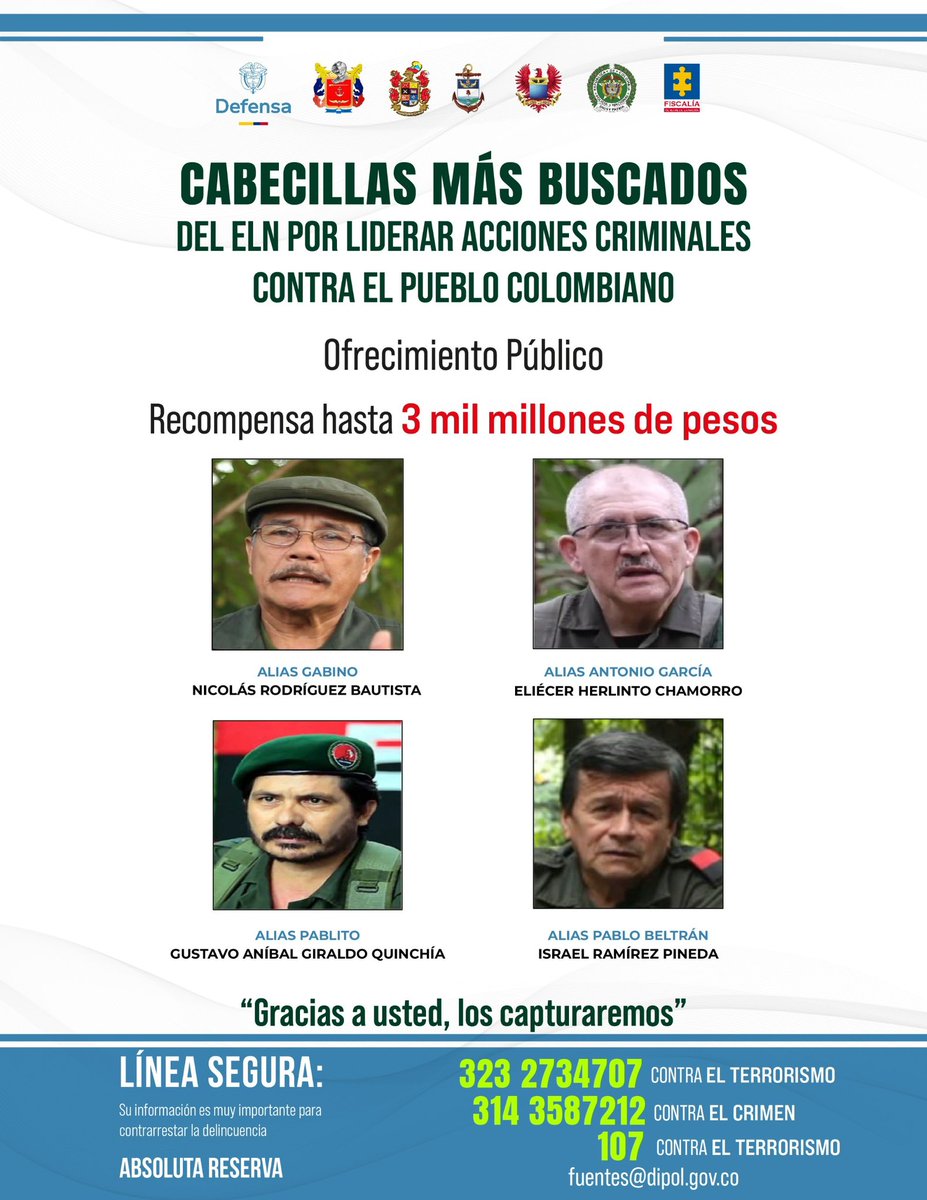 mindefensa's tweet image. El ministro de Defensa, @PedroSanchezCol, recalcó el cartel de los más buscados en el Catatumbo, que incluye a los cabecillas más buscados del ELN por liderar las acciones terroristas contra las comunidades de esta región del país. Por alias ‘Gabino’, ‘Antonio García’, ‘Pablito’…