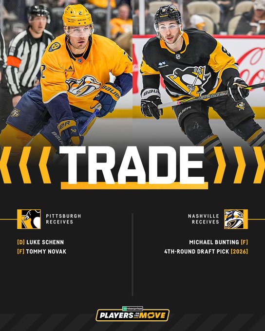 Trade graphic with photos of Luke Schenn and Michael Bunting.