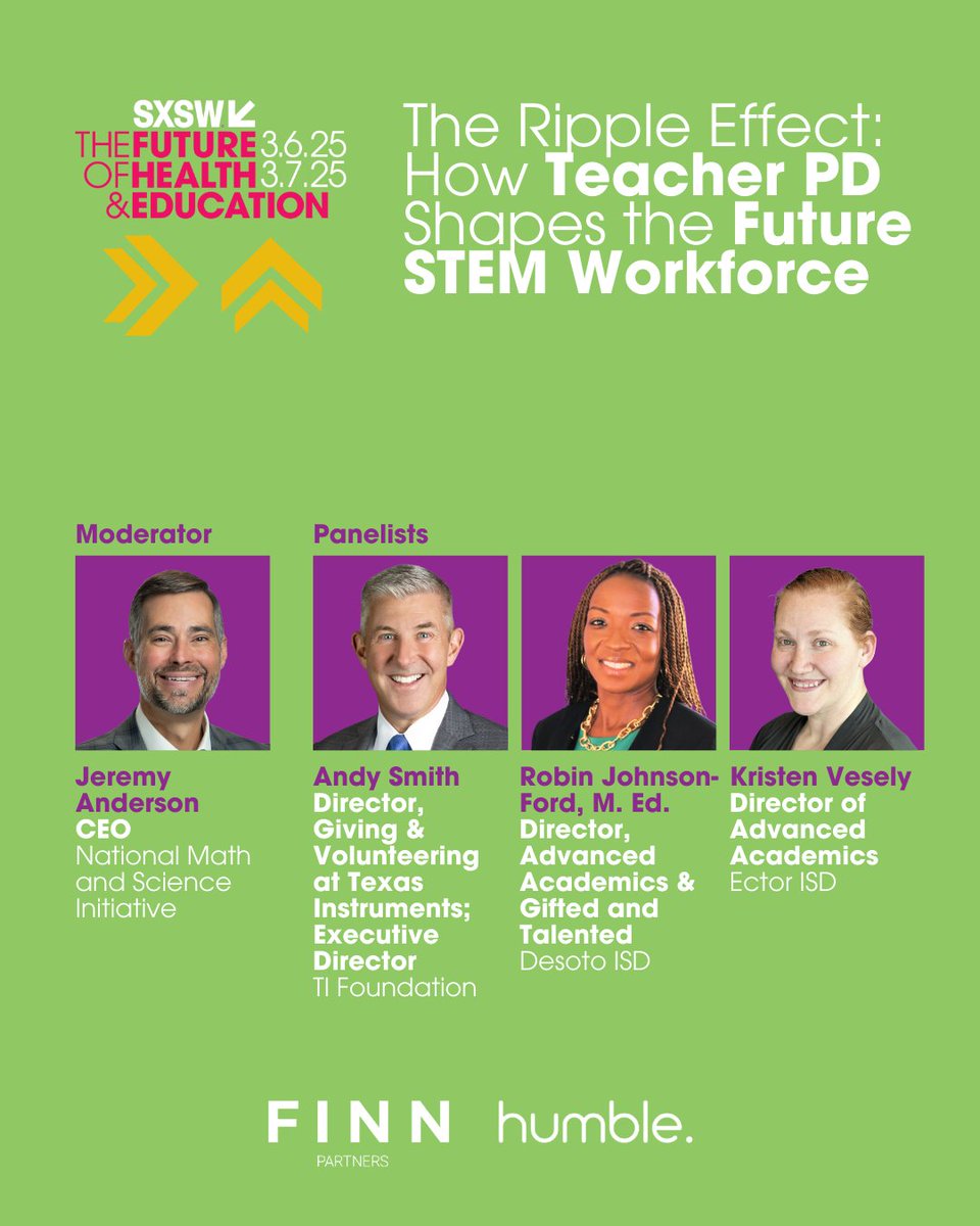 Robin J. Ford (@rford1913) on Twitter photo Empowered teachers empower students. Join me at the #FINNxHumbleHouse #FutureOfEducation Summit at #SXSW2025 for a fascinating discussion on how professional development has a ripple effect on student success. REGISTER: lu.ma/2b5rkxxv
March 6th <a href="/NMSI/">National Math and Science Initiative</a> Empowered teachers empower students. Join me at the #FINNxHumbleHouse #FutureOfEducation Summit at #SXSW2025 for a fascinating discussion on how professional development has a ripple effect on student success. REGISTER: lu.ma/2b5rkxxv
March 6th <a href="/NMSI/">National Math and Science Initiative</a>