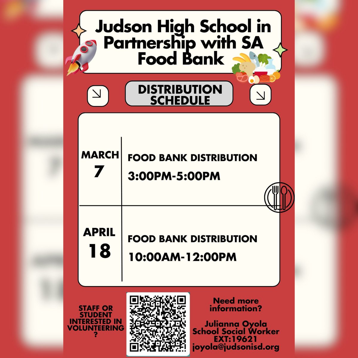 Rocket Community, join us this Friday as Judson HS/SA Food Bank will distribute FREE food to all families in need to faculty/staff, family/friends, and students! #RocketPride 🚀