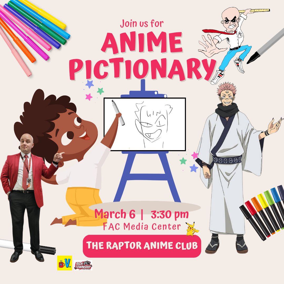 The Raptor Anime Club has a new meeting place! The FAC media center. Be there for pictionary!!!!

Join us as we play anime themed pictionary on Thursday, March 6th at 3:30pm. There will be prizes for the winners. 

#raptoranimeclub #anime #animeclub #richinstudentsuccess