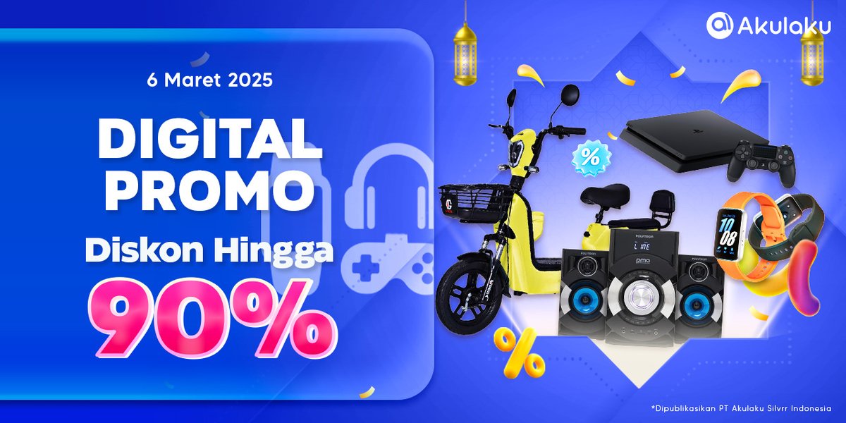 akulakuID's tweet photo. Hari ini ada PROMO DIGITAL🎉🤑
Mulai dari smartwatch, speaker, sampe sepeda listrik DISKON HINGGA 90%🛍🛒
Sikat sekarang juga👉 https://t.co/nChFZxAmcX
#AkulakuIndonesia #BelanjaOnline #InfoPromo #PromoDigital https://t.co/pkjv8oZTyX
