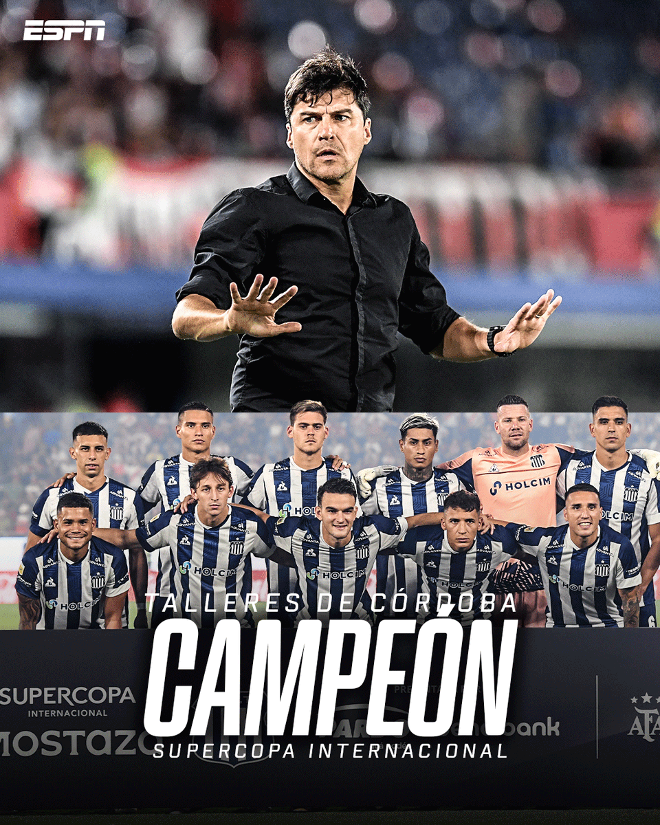 ESPNArgentina's tweet photo. 🏆 ¡#TALLERES ES CAMPEÓN DE LA SUPERCOPA INTERNACIONAL 🇦🇷!  

👉 Luego del empate 0-0 tras 120 minutos, #Talleres le ganó 3-2 a #River en los penales y se quedó con el título en La Nueva Olla de Paraguay. 

👏 Segunda estrella para el equipo cordobés en su historia. https://t.co/4pGYbKuU7t