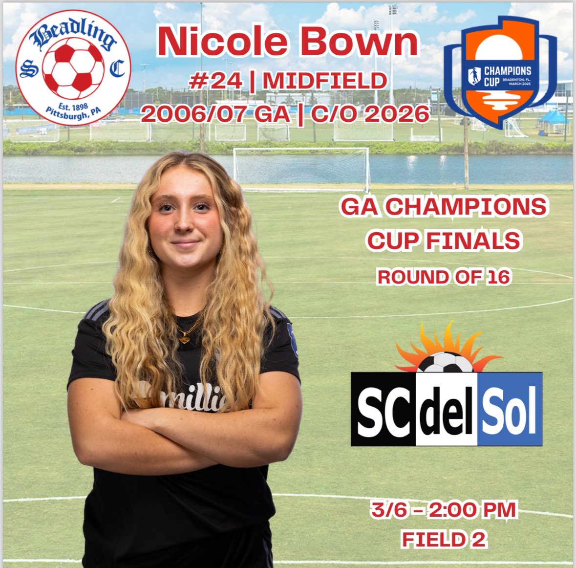 So exited to travel to Florida for the <a href="/GAcademyLeague/">Girls Academy</a> Champions Cup Final! Can’t wait to compete against great competition and with my team!! My schedule is below!!! <a href="/BeadlingSoccer/">Beadling Soccer Club</a> <a href="/ImYouthSoccer/">ECNL/GA/Recruiting/College Soccer</a> <a href="/ImCollegeSoccer/">College Soccer Truth ™</a> <a href="/TopDrawerSoccer/">TopDrawerSoccer</a>