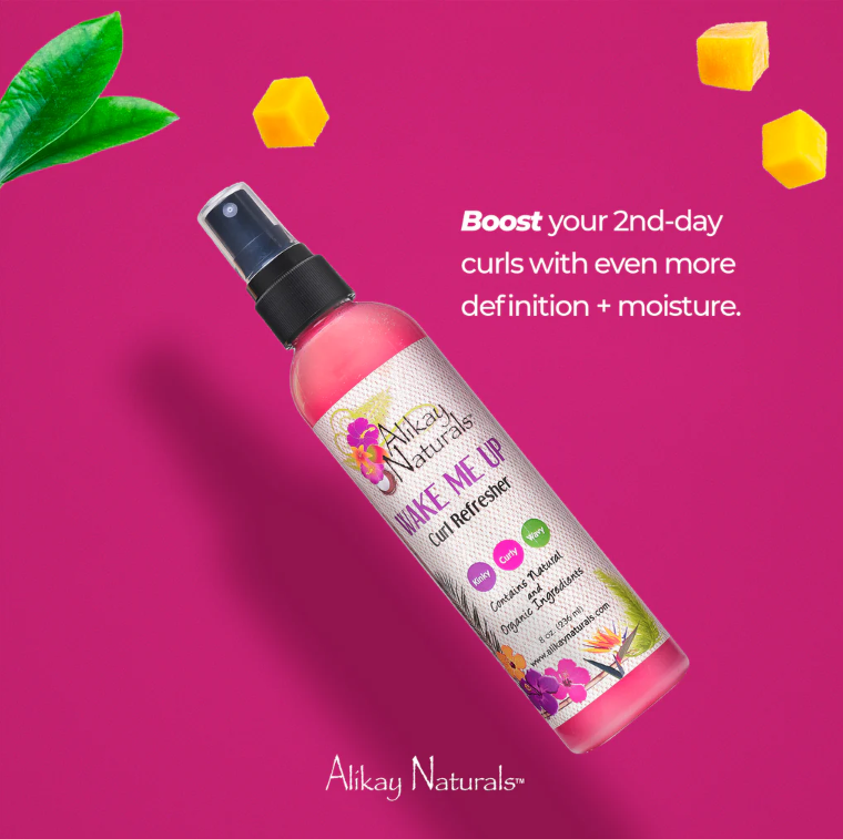 Revive your curls!  Alikay Naturals' Wake Me Up Curl Refresher is your secret weapon for bouncy, defined curls on day two (and beyond!).  This lightweight spray adds moisture and definition without weighing your hair down.