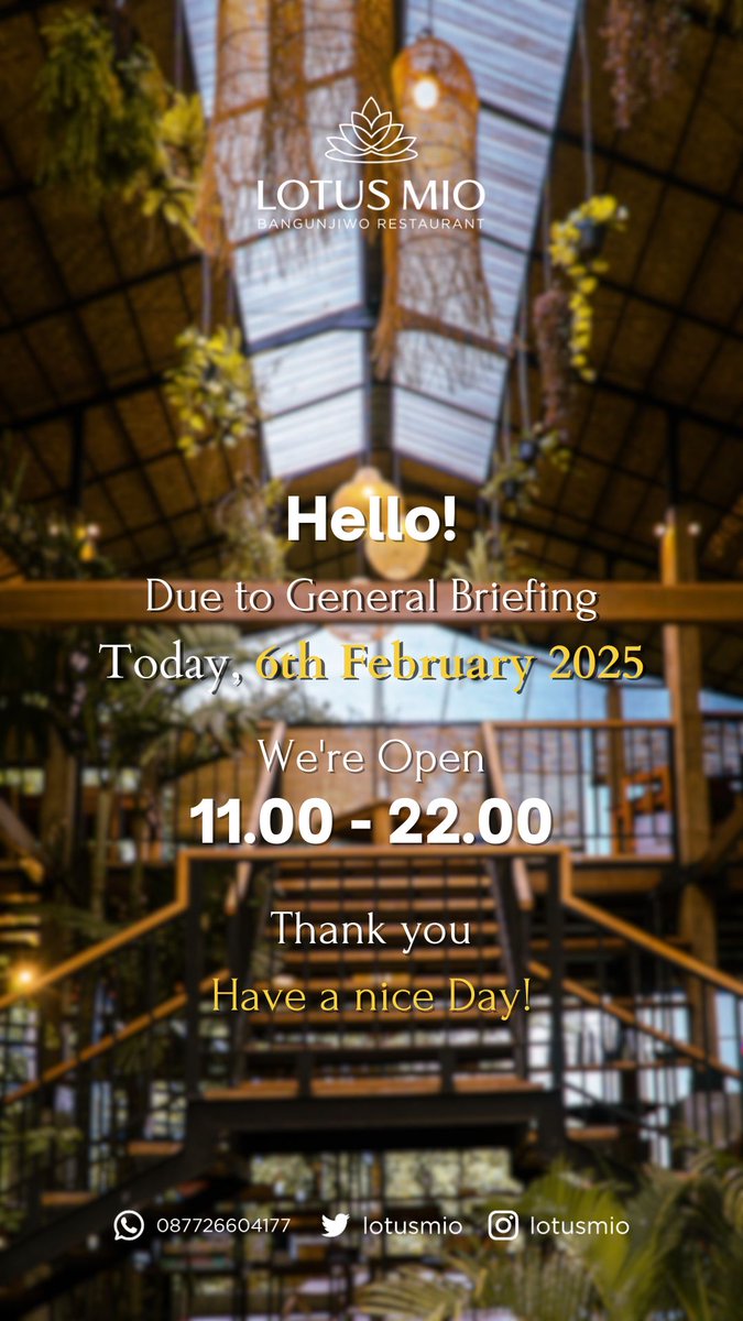 Dikarenakan General Briefing, hari ini kami buka pukul 11.00-22.00

#lotusmio #sharethelove