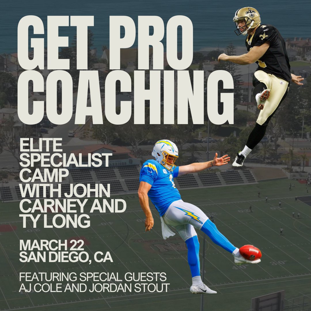 NFL-level coaching &gt; exposure/ranking

What distinguishes you from the best kickers, punters and snappers in the world?  CONFIDENCE.

How do you get more CONFIDENT?  You get COACHED.

The CarneyxLong Elite Specialist Camp is for confidence-seekers like you working to maximize