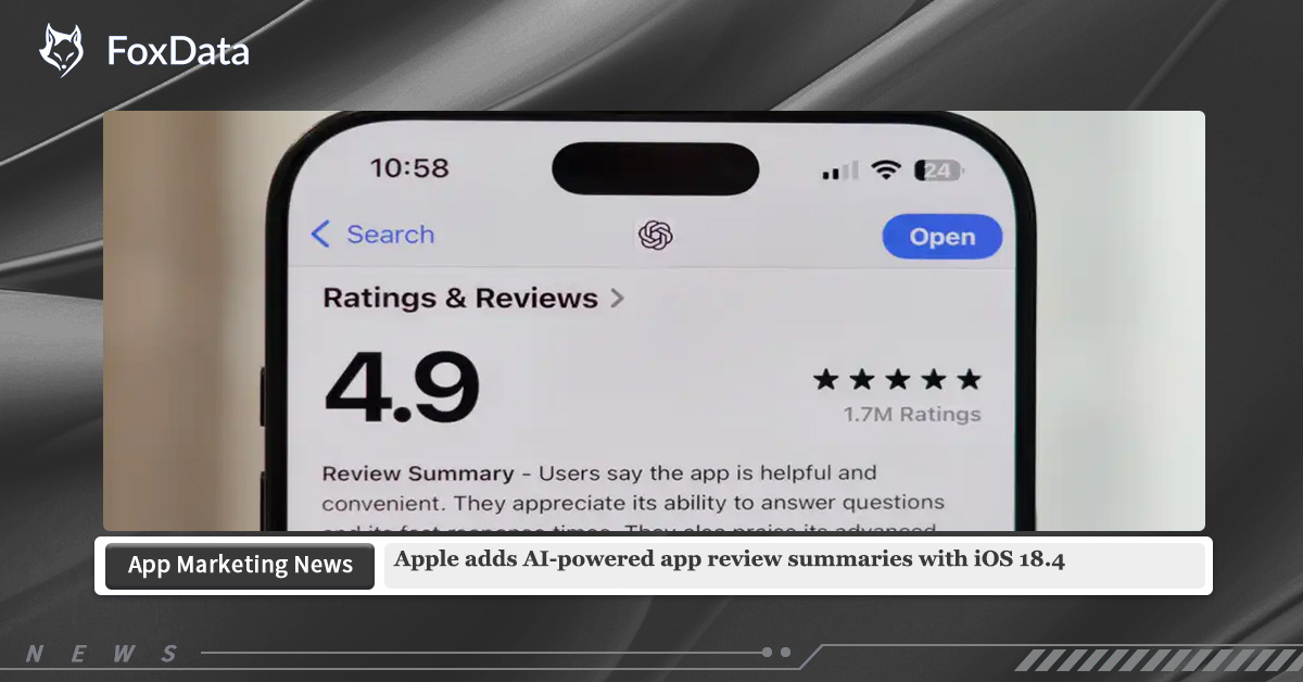 🤖Apple adds AI-powered app review summaries with iOS 18.4!
>>>More AI News: bit.ly/40OZ5GA

It will also be available in iPadOS 18.4.

#AppleUpdates #iOS184 #AIInnovation #AppStore #Apple