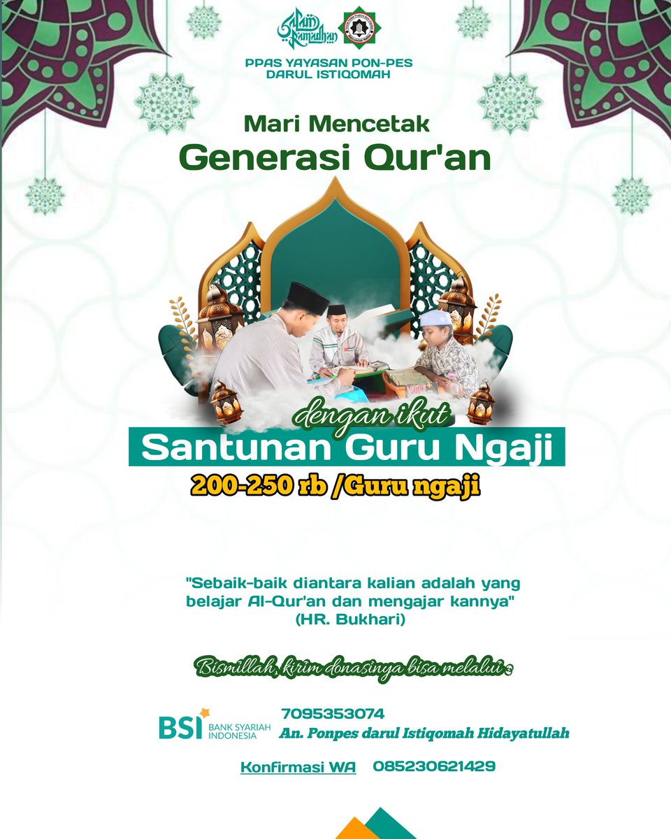 Mencetak generasi Al-Qur'an merupakan sebuah pekerjaan yg mulia. Dan sebagai orng tua tentu bangga memiliki anak yg dekt dengn Al-Quran. 

Yuk, kita dukung terus para guru2 kita yg dgn ikhlas dan penuh pengorbanan untuk mendidik generasi islami
Mau ambil bagian dalm program ini?