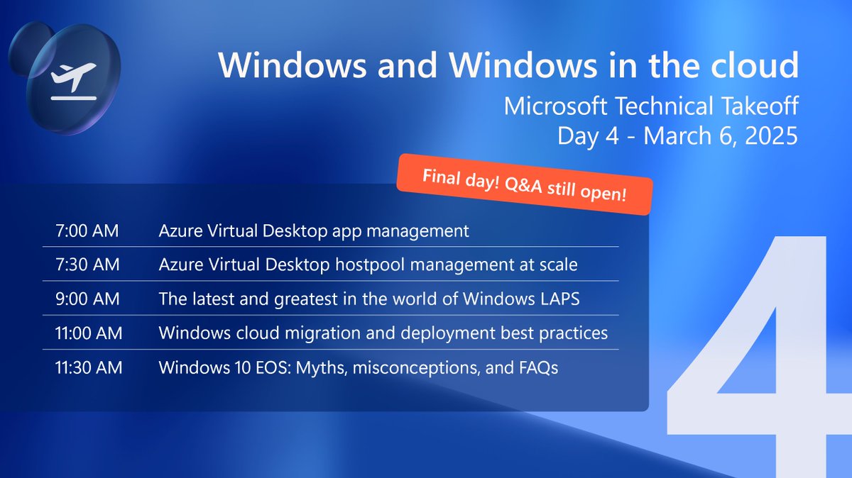 MSWindowsITPro's tweet image. The last day of #TechTakeoff offers more deep dives plus a final chance to catch sessions on demand while you can still post questions for the product team! All at aka.ms/TechnicalTakeo….
