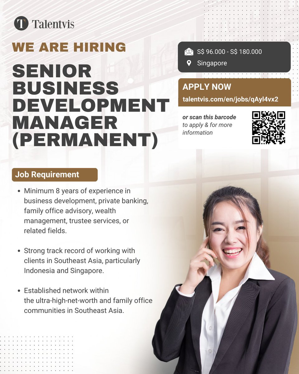 talentvis's tweet photo. We are looking for a Senior Business Development Manager to join our client's team in #Singapore

📩 Apply now by scanning the barcode in the poster!

#TalentvisSingapore #NowHiring #BusinessDevelopment #CareerOpportunity #WealthManagement #HiringAlert https://t.co/tr0Dycex58