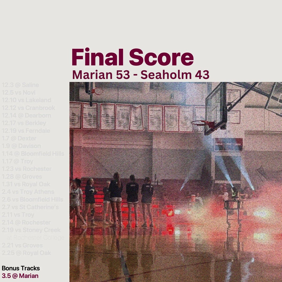 Seaholm Girls’ Basketball (@seaholmgbb) on Twitter photo Here’s your final score from Marian HS.
#ItTakesMore #GoMapes <a href="/cmanchester22/">Chris Manchester</a> <a href="/MIPrepZone/">MIPrepZone</a> <a href="/MichHSBball/">Mich HS Bball</a> <a href="/TheDZoneBBall/">The D Zone Basketball</a> <a href="/CandGSports/">CandGSports</a> <a href="/OAAscouts/">Jake</a> <a href="/OAAathletics/">OAA Athletics</a> <a href="/Bill_Watson19/">Bill Watson</a> Here’s your final score from Marian HS.
#ItTakesMore #GoMapes <a href="/cmanchester22/">Chris Manchester</a> <a href="/MIPrepZone/">MIPrepZone</a> <a href="/MichHSBball/">Mich HS Bball</a> <a href="/TheDZoneBBall/">The D Zone Basketball</a> <a href="/CandGSports/">CandGSports</a> <a href="/OAAscouts/">Jake</a> <a href="/OAAathletics/">OAA Athletics</a> <a href="/Bill_Watson19/">Bill Watson</a>