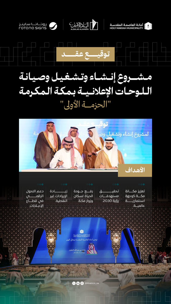 برعاية وحضور معالي وزير البلديات والإسكان <a href="/majedhogail/">ماجد الحقيل</a> ومعالي أمين العاصمة المقدسة<a href="/musadald/">مساعد الداود</a> ، وقّعت #البلد_الأمين عقد “الحزمة الأولى” لمشروع الإعلانات الخارجية في مكة المكرمة مع الشركة الحديثة للدعاية والإعلان قائد التحالف مع شركة روتانا للخدمات الإعلامية بقيمة تتجاوز 600 مليون