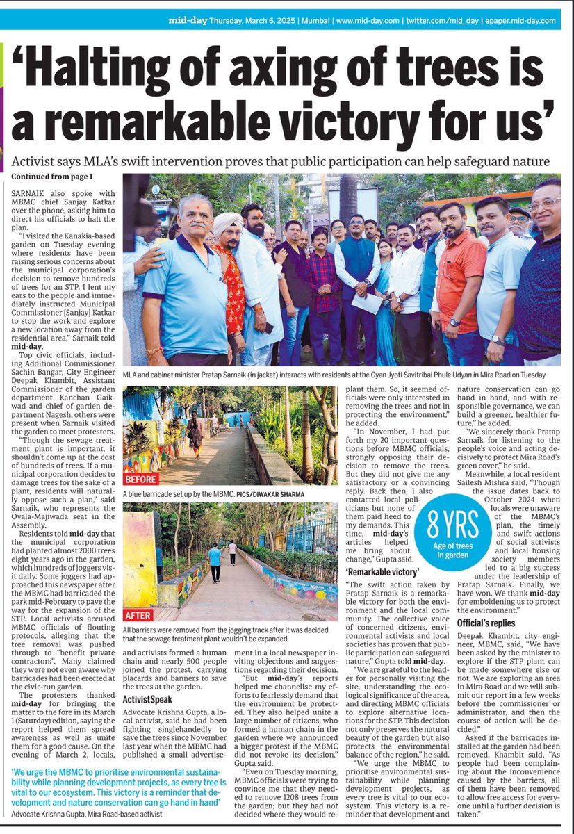 DiwakarSharmaa's tweet image. #IMPACT: Days after @mid_day highlighted issue of 1208 trees in #MiraRoad facing the axe for expansion of STP, local #MLA and #TransportMinister @PratapSarnaik stepped in and told @My_MBMC officials to spare the garden and find alternative space away from the residential area
