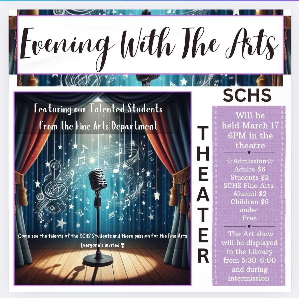 SCNMHS2023's tweet photo. Come Check it out: ☆EVENING WITH THE ARTS!☆ https://t.co/tNclImAqEm