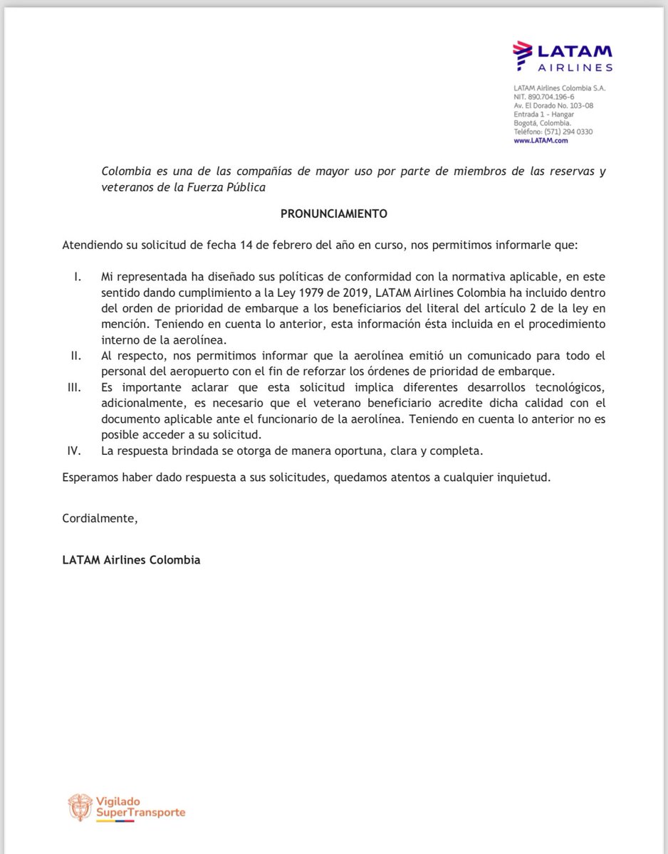 CarlosSolerPa's tweet photo. 🚨paso a Contarles que !surtió Efecto ! el derecho de petición a las aerolíneas donde pedía “Cumplir la ley del veterano” Nos pone de presente que a partir de a mañana Tendrán los Veteranos, prelación de ingreso al abordar en Latam, agradezco a la aerolínea la respuesta y acertividad en el tiempo estipulado legal, mañana supongo contesta, avíanca, satena, click y jet  smart ( espero No tener que colocar Tutela) invito a Todos los veteranos a vigilar se cumpla la ley y solo les piden el carnet que los acredita como Tal 🇨🇴✅🚨 son hechos y No palabras, Honor a quien Honor merece 🇨🇴  anexo RTA