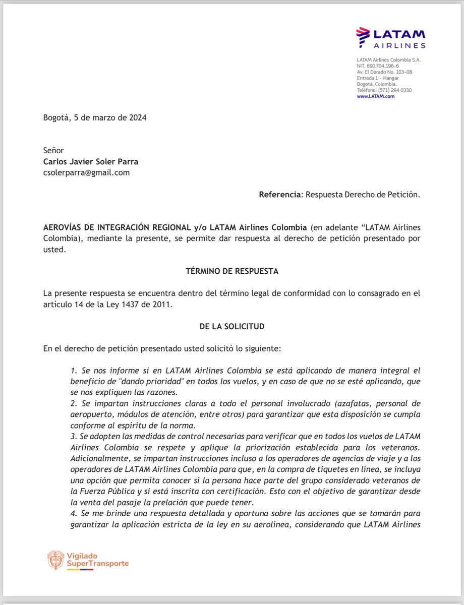 CarlosSolerPa's tweet photo. 🚨paso a Contarles que !surtió Efecto ! el derecho de petición a las aerolíneas donde pedía “Cumplir la ley del veterano” Nos pone de presente que a partir de a mañana Tendrán los Veteranos, prelación de ingreso al abordar en Latam, agradezco a la aerolínea la respuesta y acertividad en el tiempo estipulado legal, mañana supongo contesta, avíanca, satena, click y jet  smart ( espero No tener que colocar Tutela) invito a Todos los veteranos a vigilar se cumpla la ley y solo les piden el carnet que los acredita como Tal 🇨🇴✅🚨 son hechos y No palabras, Honor a quien Honor merece 🇨🇴  anexo RTA